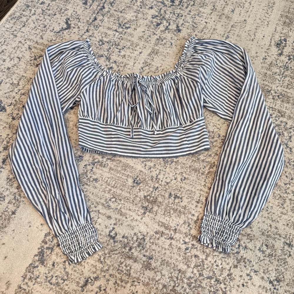 NWT AERIE Blue White Striped Smocked Back Crop Top Long Balloon Sleeve Tie Front